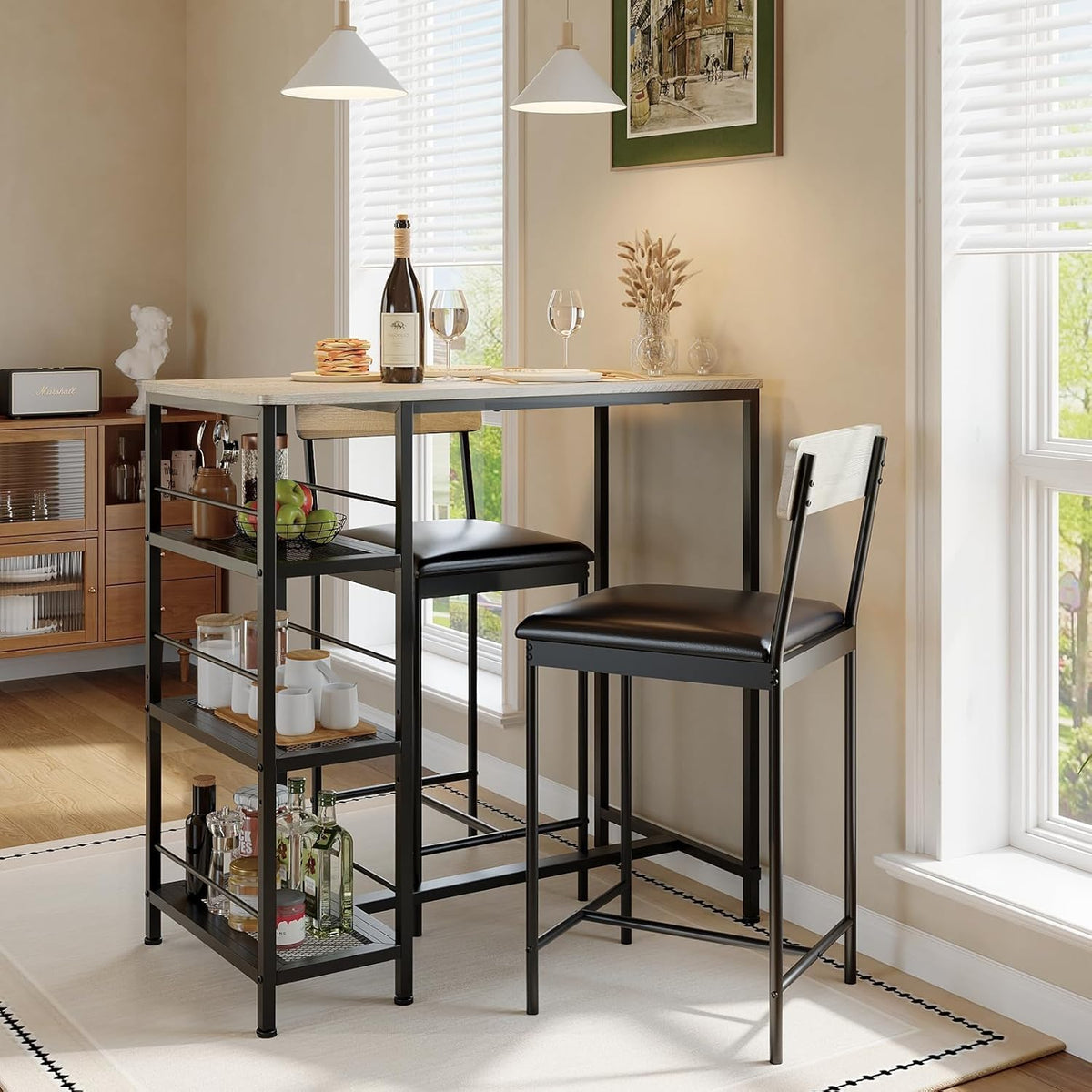 3-Piece Dining Table Set with Storage Shelves and 2 Upholstered Chairs, MDF & Iron Frame Small Kitchen Table for Apartment, Studio