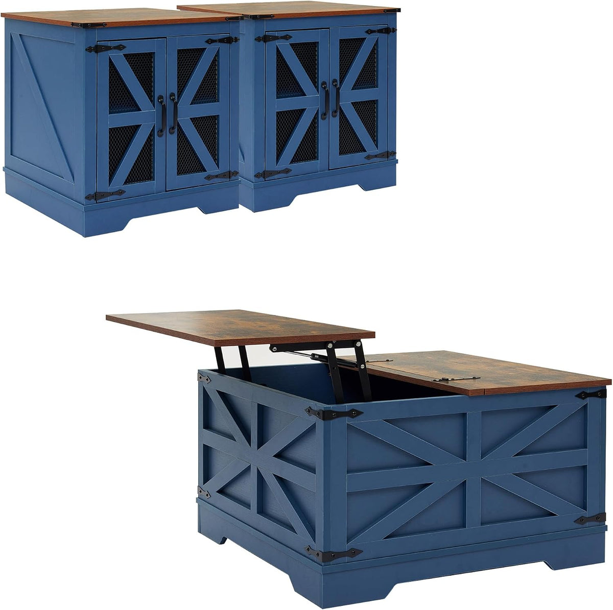 Farmhouse Coffee Table and End Table Sets of 3, 3 Piece Living Room Tables Set with Charging Station, Lift Top Coffees and 2 Large Side, Wood Furniture Sets with Storage, Blue