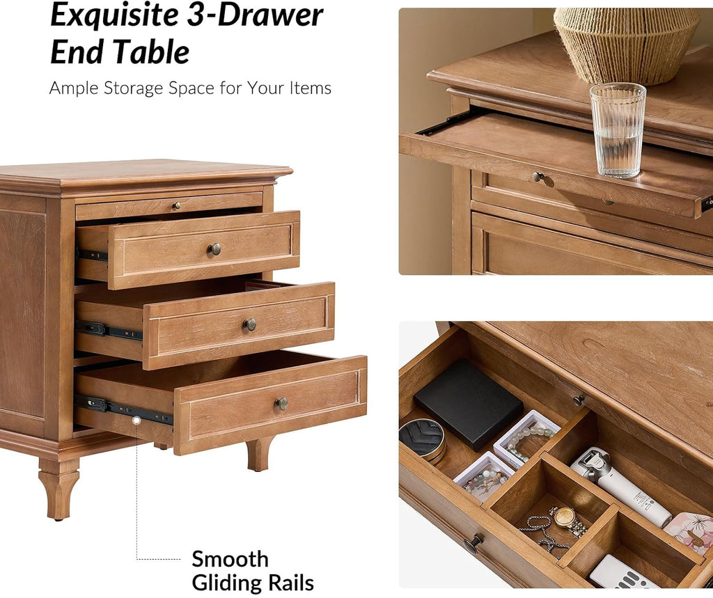 End Table Set of 2 with Charging Station, Solid Wood Organizer with 3 Drawers & Pull-Out Shelf, Farmhouse Bedside Table for Living Room, Acorn