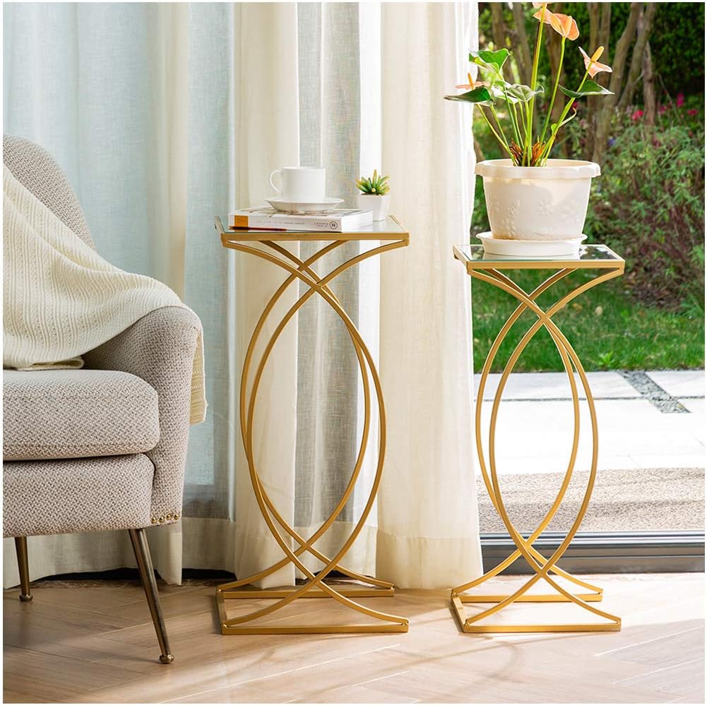 Glitzhome Nesting Side Tables, Set of 2 End Tables with Metal Frame & Tempered Glass Top, Coffee Tables Decorative Accent Tables for Bedroom, Living Room, Home Office - Golden