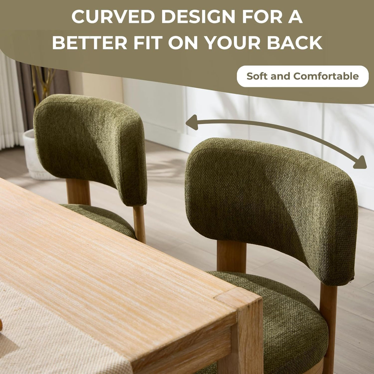 ROCITY Green Upholstered Dining Chairs Set of 4 Chenille Fabric Dining Room Chairs Modern Barrel Kitchen Chairs with Curved Backrest and Wooden Legs