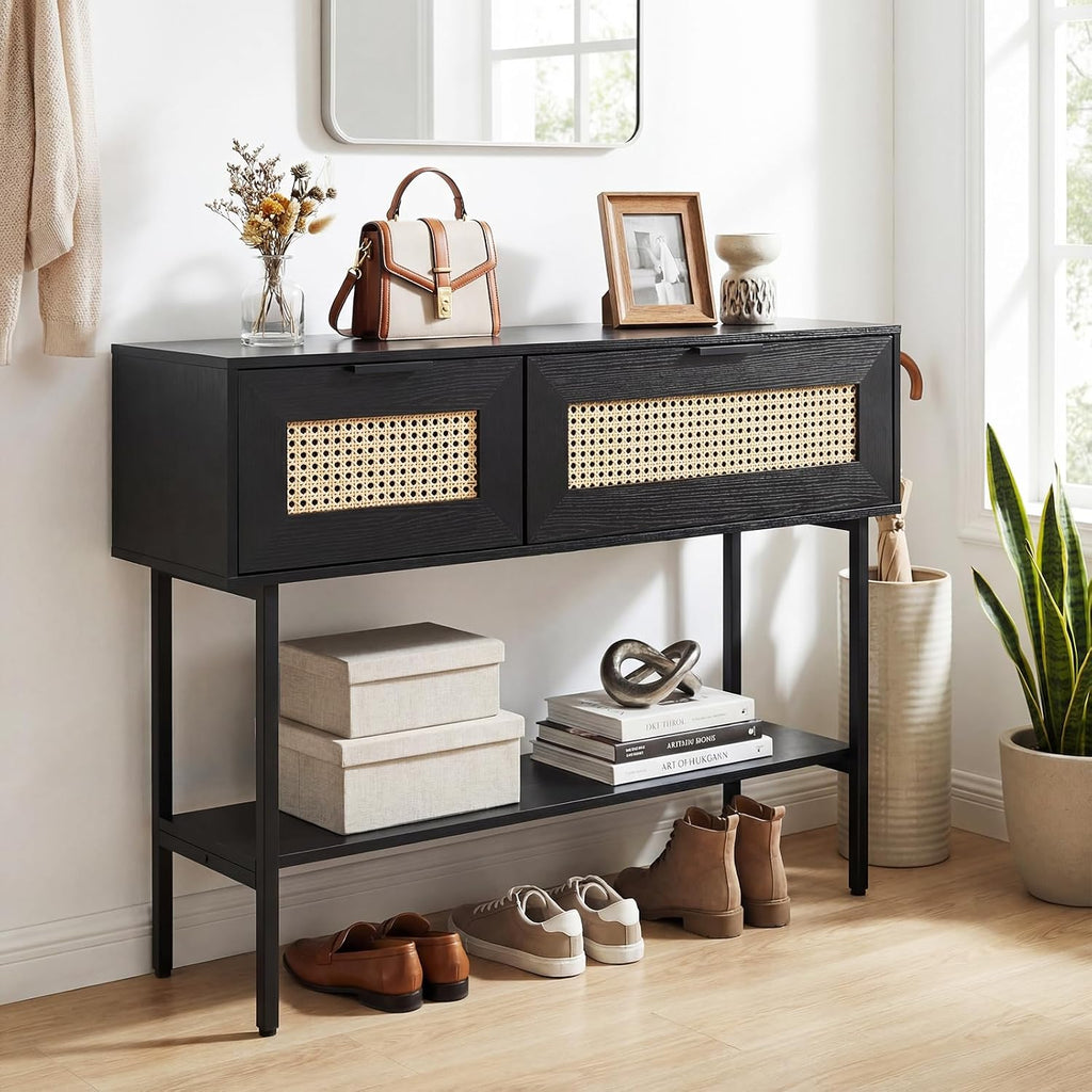 GOFLAME 40” Rattan Console Table, Narrow Long Entryway Table with Storage Shelf, 2 Flip Door Cabinets, Metal Frame, Boho, Farmhouse Behind Couch Sofa Tables for Living Room, Hallway (Black)