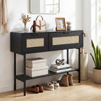 GOFLAME 40” Rattan Console Table, Narrow Long Entryway Table with Storage Shelf, 2 Flip Door Cabinets, Metal Frame, Boho, Farmhouse Behind Couch Sofa Tables for Living Room, Hallway (Black)