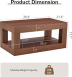 39.37" Coffee Table with Storage, 2-Tier Mid Century Rectangular Accent Table with Thick Tabletop, Rustic Style Cocktail, Center Table for Living Room, Office, Apartment (Walnut)