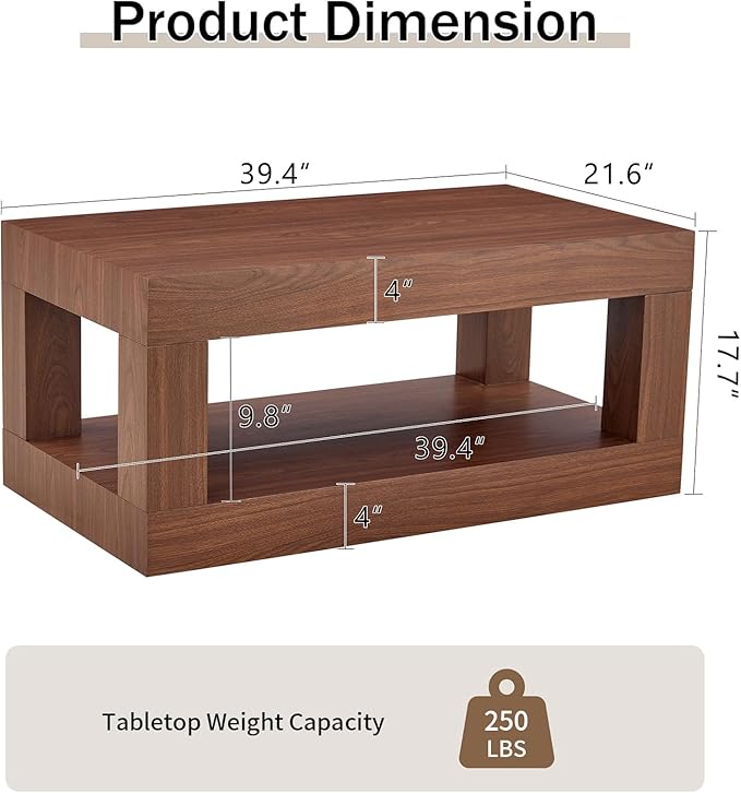39.37" Coffee Table with Storage, 2-Tier Mid Century Rectangular Accent Table with Thick Tabletop, Rustic Style Cocktail, Center Table for Living Room, Office, Apartment (Walnut)