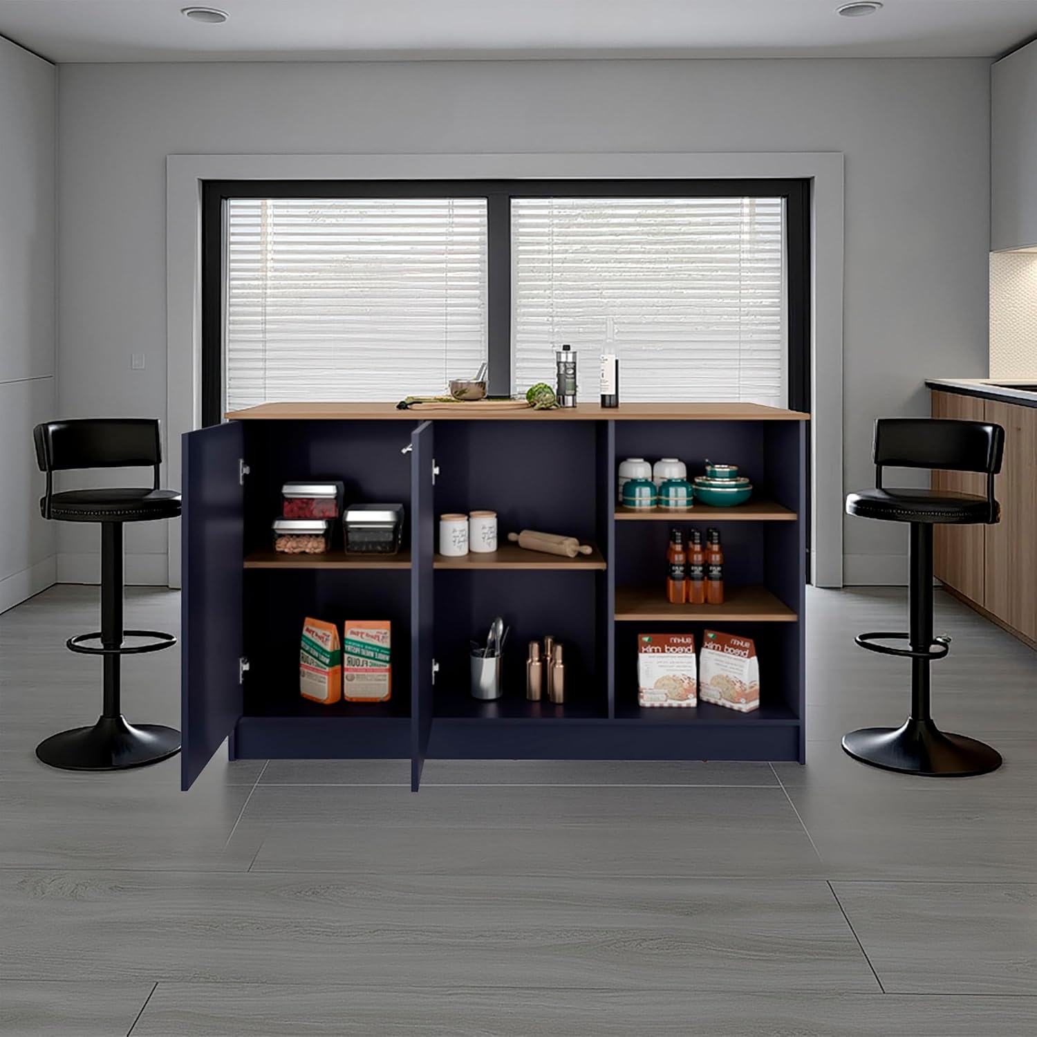 Kitchen Island with 2 Doors and 7 Shelves Alby Blue/Natural Oak | Combines Alby Blue and Natural Oak finishes for modern warm aesthetic