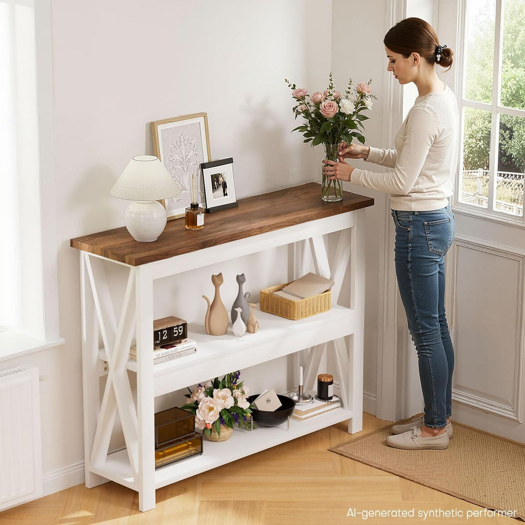 3-Tier Wood Entryway Table: 41" Narrow Console Shelf for Hallway - Farmhouse Sofa Desk Storage for Living Room (White)