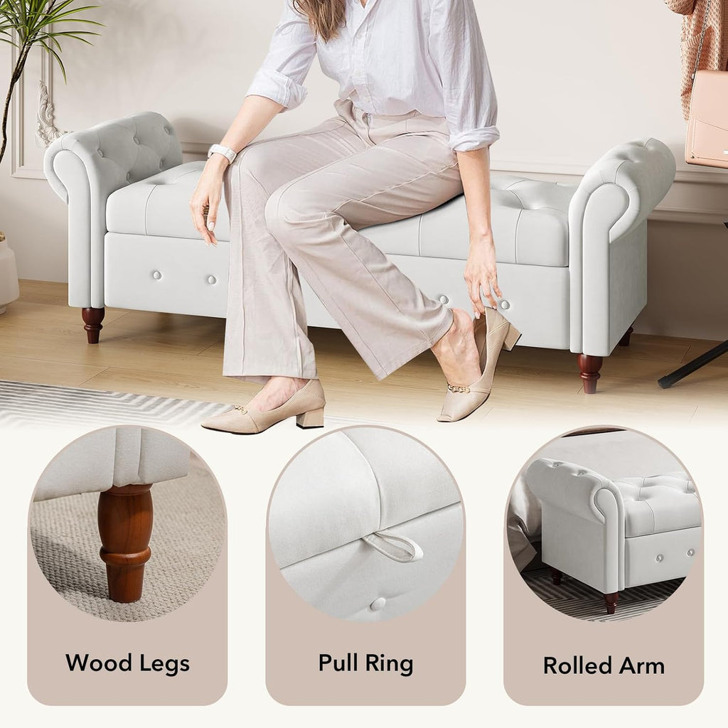 63" Wide Storage Bench, Polyester Upholstered End of Bed Bench with Pull Ring Design, Storage Shoe Cabinet Bench with Rolled Arm, Modern Window Bench for Bedroom (Cream White)