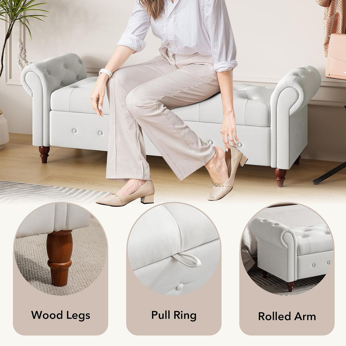 63" Wide Storage Bench, Polyester Upholstered End of Bed Bench with Pull Ring Design, Storage Shoe Cabinet Bench with Rolled Arm, Modern Window Bench for Bedroom (Cream White)
