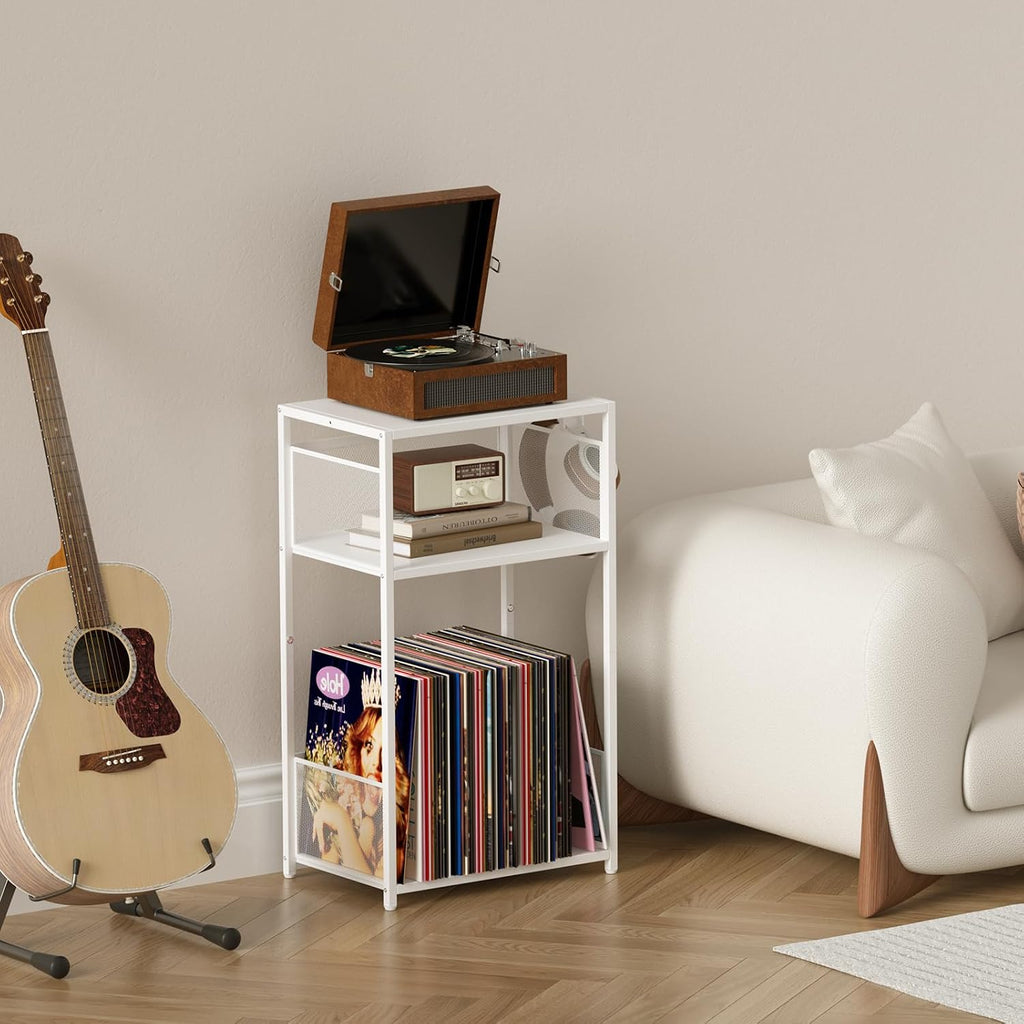 Aduanbang 3 Tier End Table,Record Player Stand with Storage Up to 100 Albums,Turntable Stand for Vinyl,White Records Shelf for Living Room Bedroom