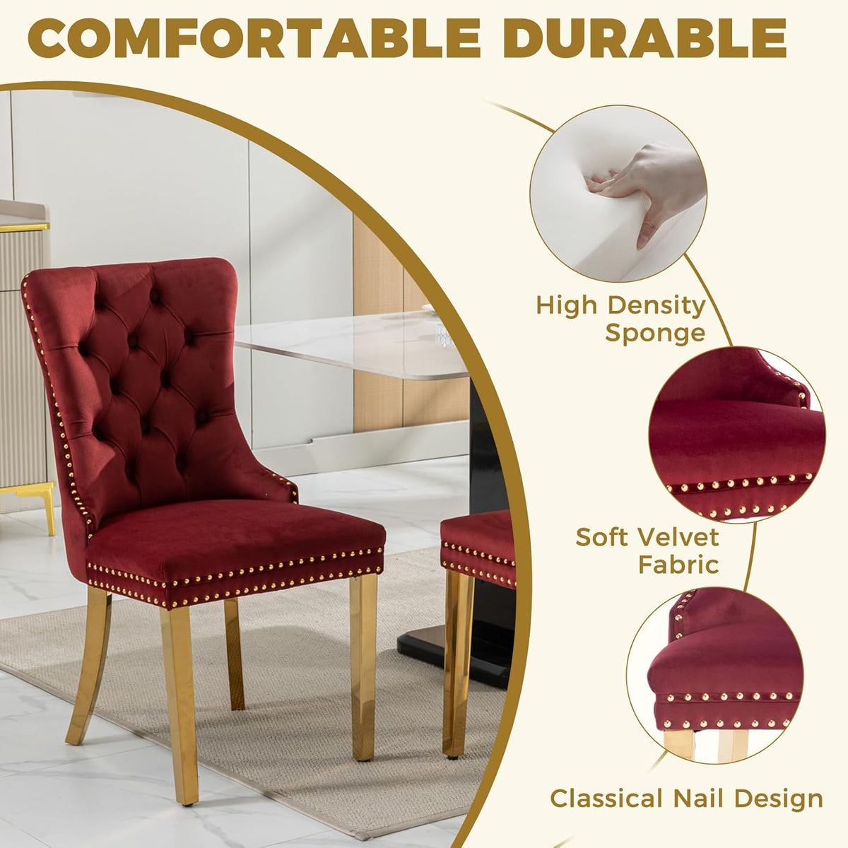 38.9 Inch Round Glass Dining Table Set for 4, Golden Round Kitchen Table with 4 Upholstered Velvet Accent Chairs, 5 Piece Modern Dining Room Set, for Home, Apartment, Kitchen - Red Chairs