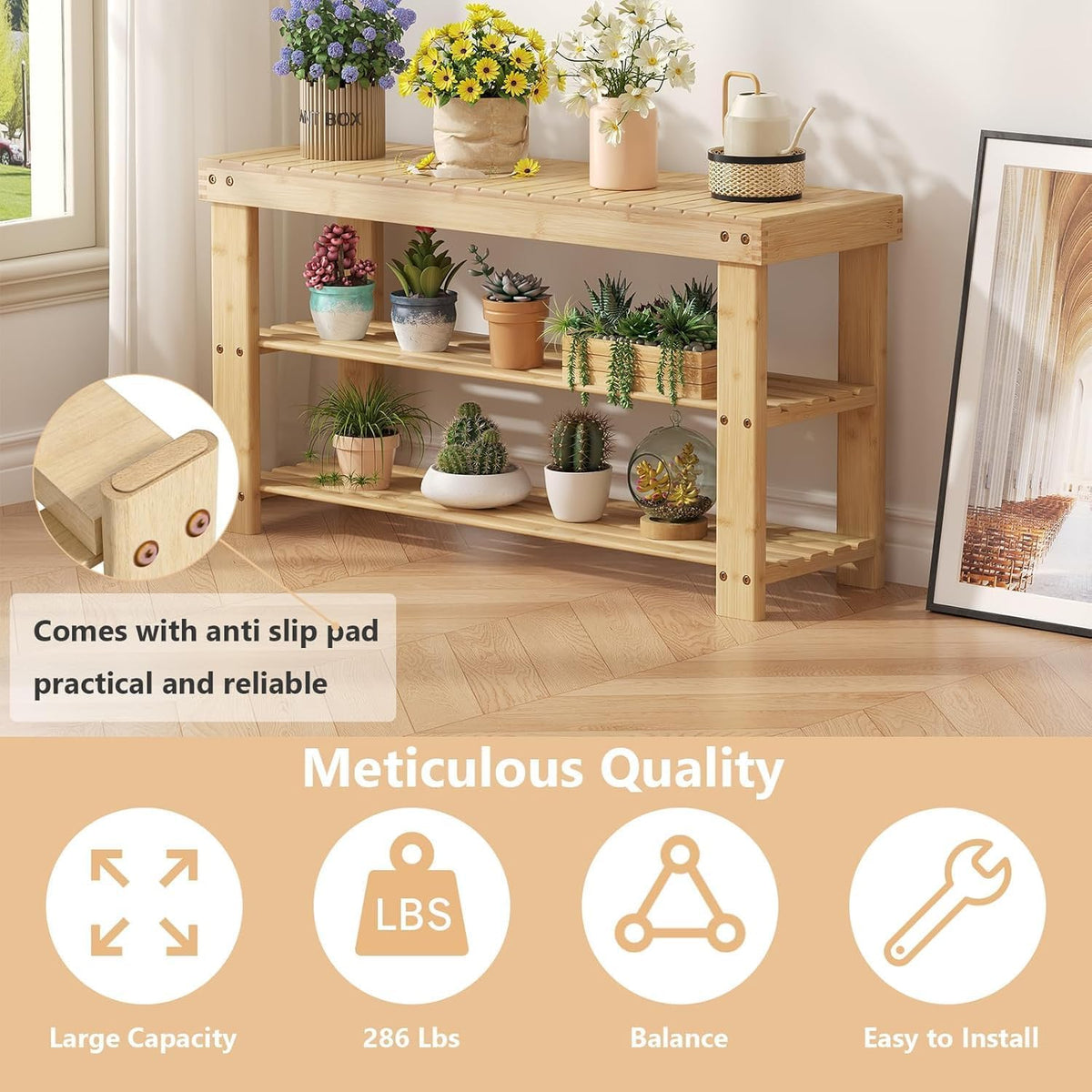 Simple Deluxe Shoe Rack Bench, 3-Tier Bamboo Storage Organizer, 286lb Capacity Entryway Bench for Front Door, Bedroom, Living Room, Bathroom, Balcony, Stylish Shoes Wood (11.3 x 35.4 x 17.8 Inches)