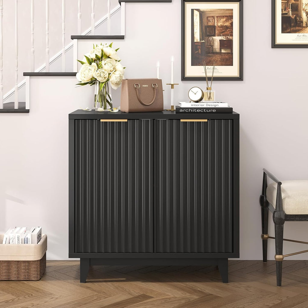 Vabches Modern Fluted Buffet Cabinet with Storage, 31.5" W Sideboard with Solid Wood Legs and Adjustable Shelf, Black Accent Cabinet for Kitchen, Living Room