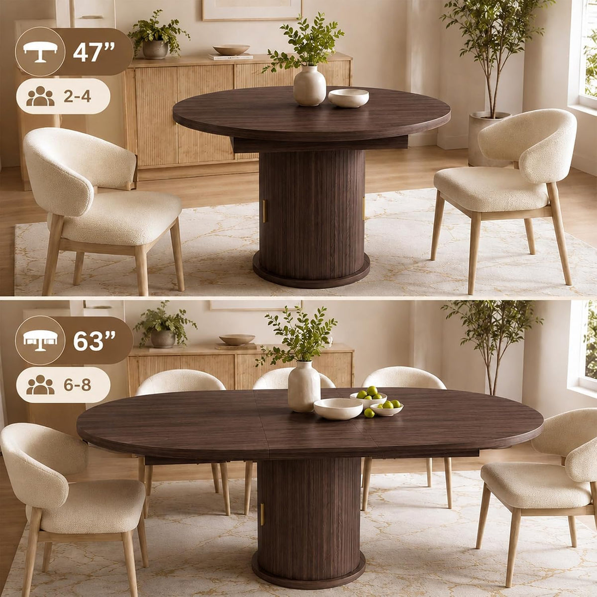47 63" Extendable Round Wooden Dining Kitchen Table | 4-8 Seat Height Adjustable Shelf,23.6" Dust-Proof Storage Sturdy Pedestal Base,1.2" MDF Tabletop, Apartment,Natural