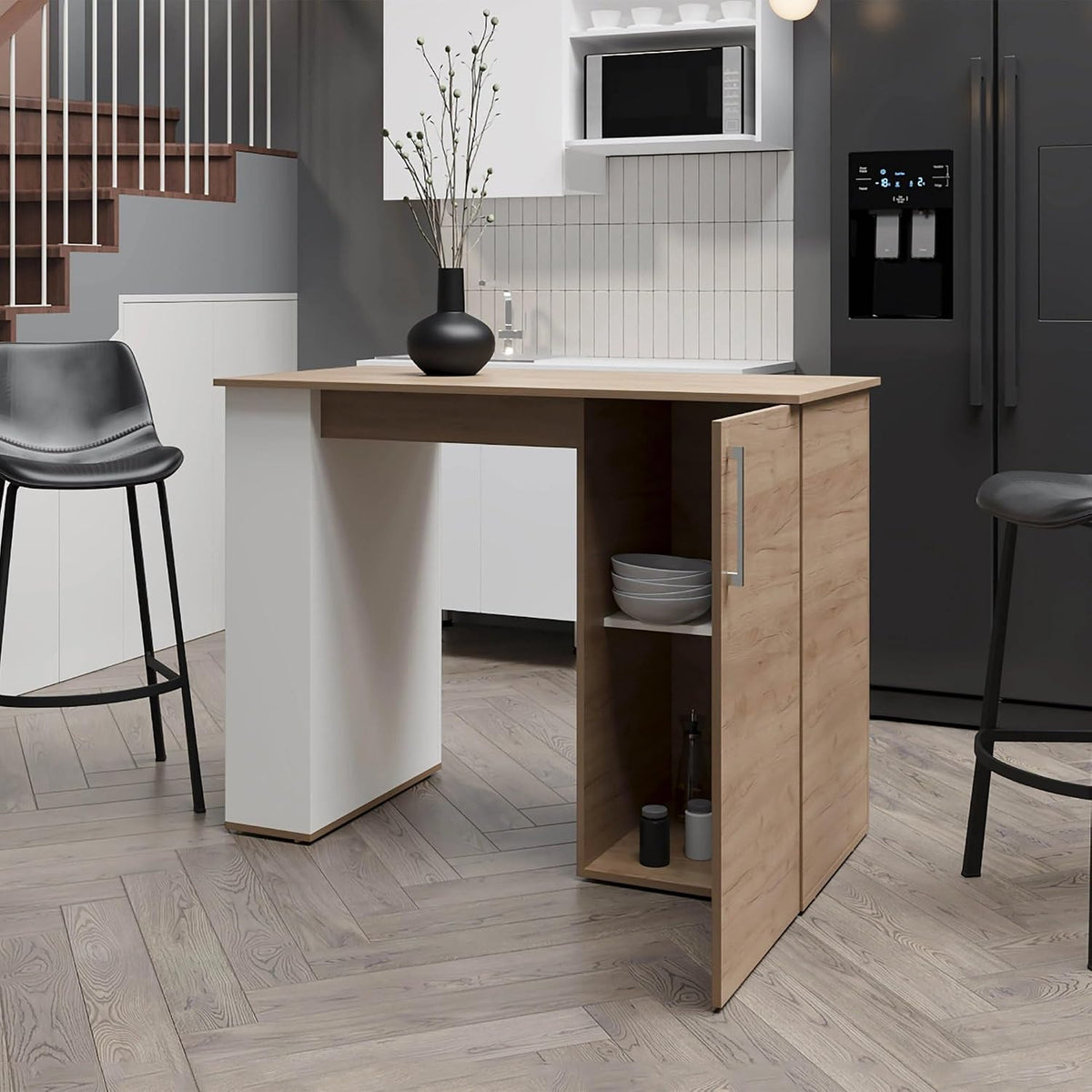 White and Natural Oak Kitchen Island with 1-Door and Open Storage | Five open shelves and one door for organized storage