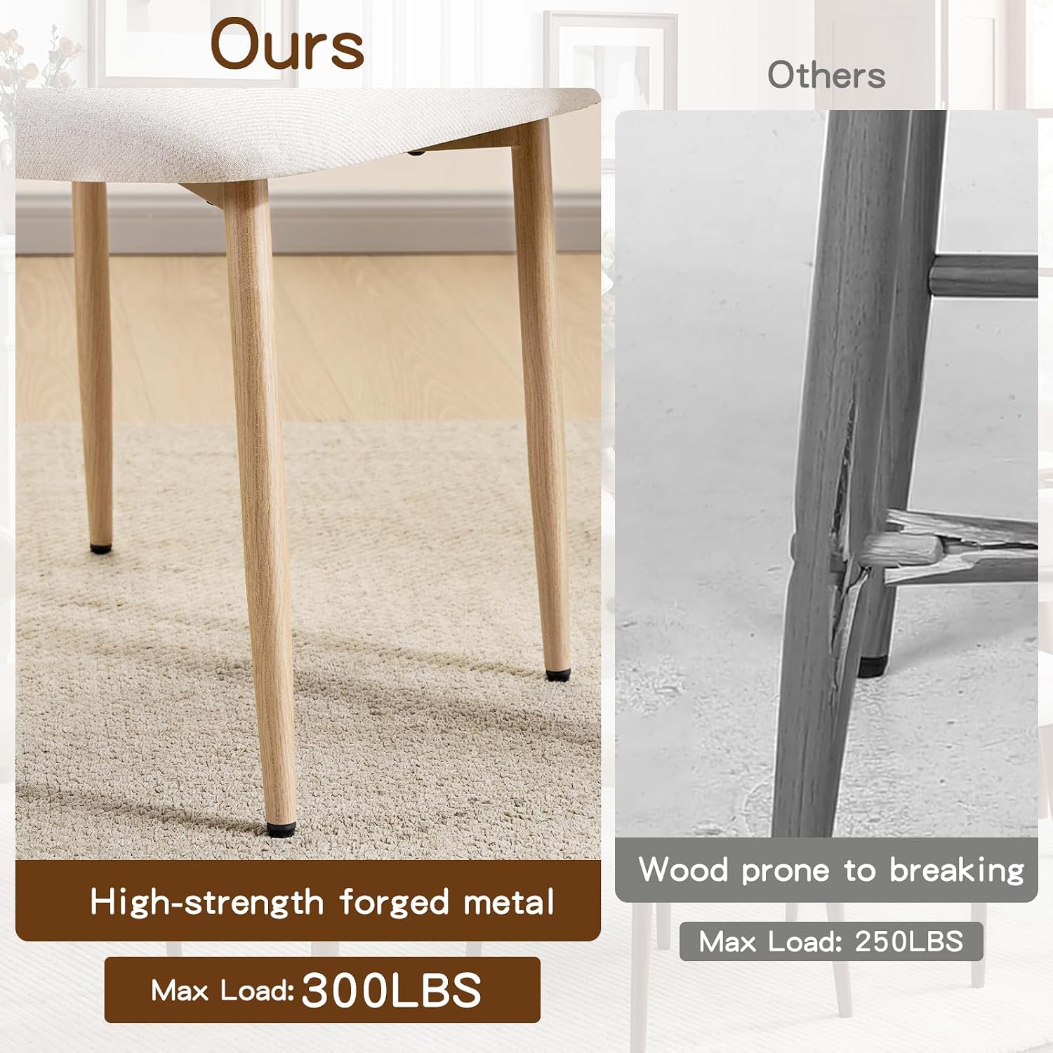Furniliving Mid Century Modern Dining Chairs Set of 4, 300 lbs Capacity Upholstered Linen Kitchen Chairs with Natural Wood Grain Metal Legs and Ergonomic Curved Back, Beige