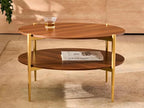 Shrine Round Glass Coffee Table, Mid-Century Modern Design, D30 x H17 in, Two-Tier Round Table with Walnut MDF Shelves, Sleek Conical Metal Legs with Gold Finish