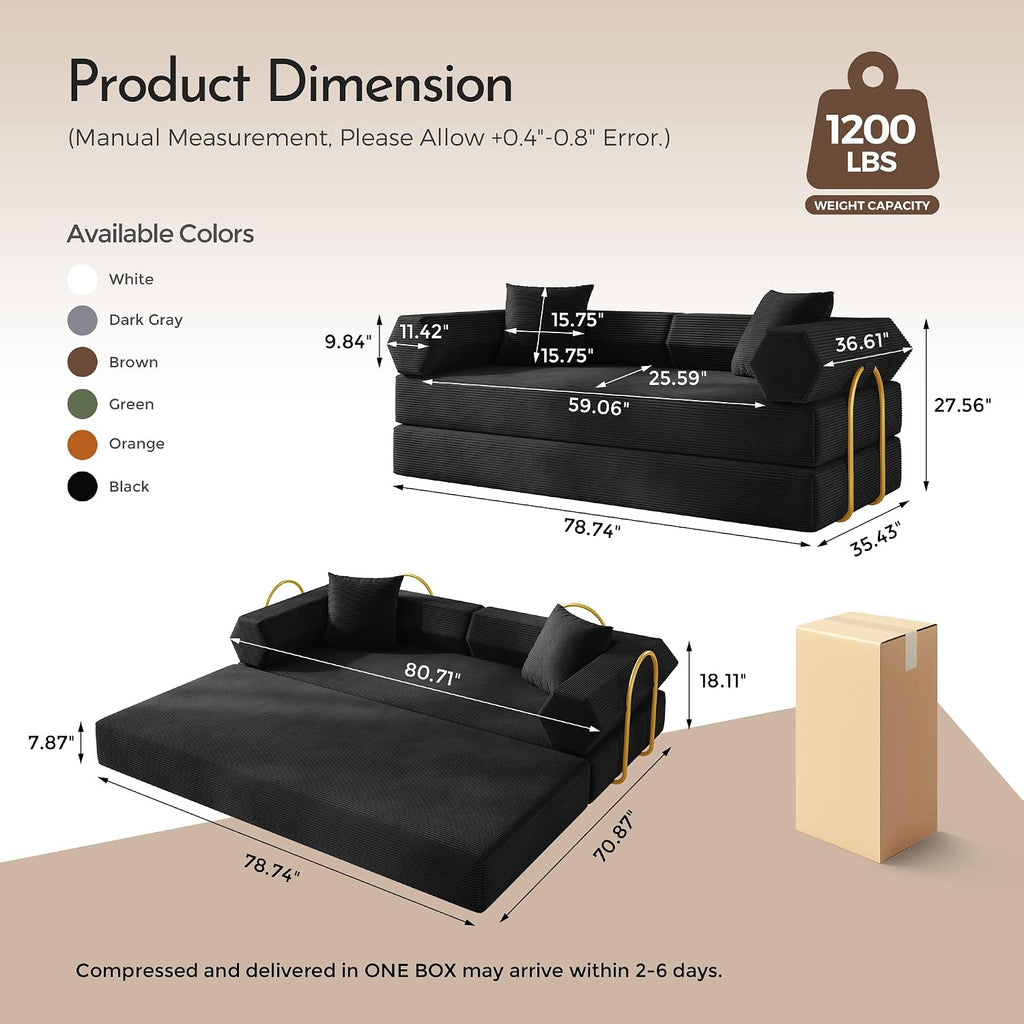 79" Convertible Futon Sofa Bed, Couch for Living Room | Black | Modular Sleeper Sofa, Corduroy Pull Out Floor Couch Loveseat with Fixed-Shape Frame, No Assembly
