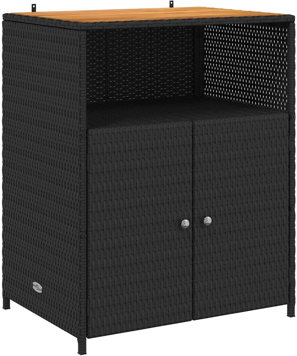 Outdoor Storage Cabinet with Acacia Wood Top, Black Poly Rattan Sideboard with 3 Shelves, Weather-Resistant Garden Organizer for Patio, Backyard, and Indoor Use 27.5 x 20 x 34 Inches