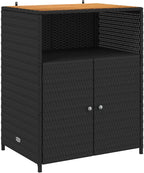 Outdoor Storage Cabinet with Acacia Wood Top, Black Poly Rattan Sideboard with 3 Shelves, Weather-Resistant Garden Organizer for Patio, Backyard, and Indoor Use 27.5 x 20 x 34 Inches