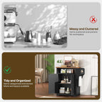 YATINEY Coffee Bar Cabinet, Kitchen Island with Storage, Farmhouse Sideboard Buffet Cabinet with Dual-Purpose Floating Shelf and Hooks, for Restaurant, Living Room, Rustic Brown KF22BR