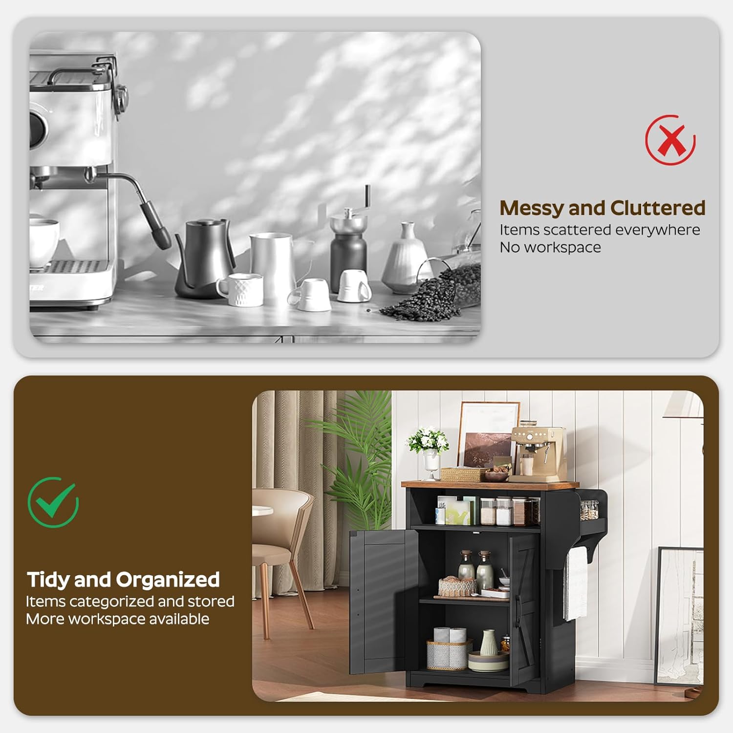 YATINEY Coffee Bar Cabinet, Kitchen Island with Storage, Farmhouse Sideboard Buffet Cabinet with Dual-Purpose Floating Shelf and Hooks, for Restaurant, Living Room, Rustic Brown KF22BR