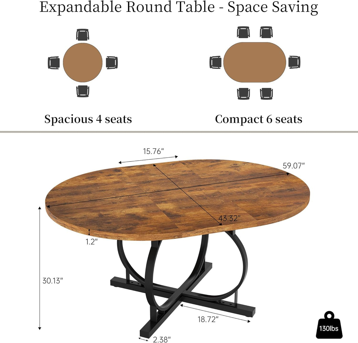 HIPIHOM 43.3"-59" Extendable Round Dining Table for 4-6 People, Modern Kitchen Oval Dining Table with Sturdy X-Base Metal Legs, Space Saving, MDF Board for Kitchen Dining Room (Vintage Brown)