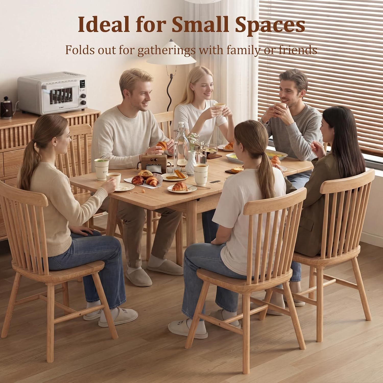 Solid Wood Small Dining Table, 23.6"L-47.2"L Expandable Kitchen Table for 2-6, Designed for Small Spaces, Easy Assembly, Suitable for Kitchen, Dining Room, Living Room, Apartment (Natural)
