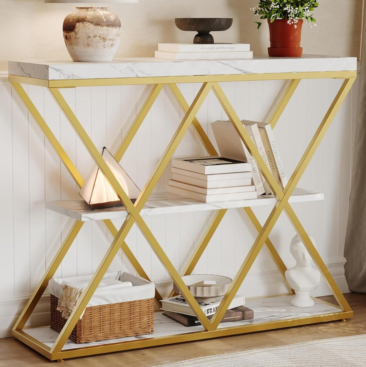 Garvee 3 Tier Console Table with Open Wood Shelves,39" Industrial Entryway Table,Sofa Table,Narrow Wood Accent Tables with Metal Frame for Hallway,Living Room,Behind Couch,Foyer,Entrance,White
