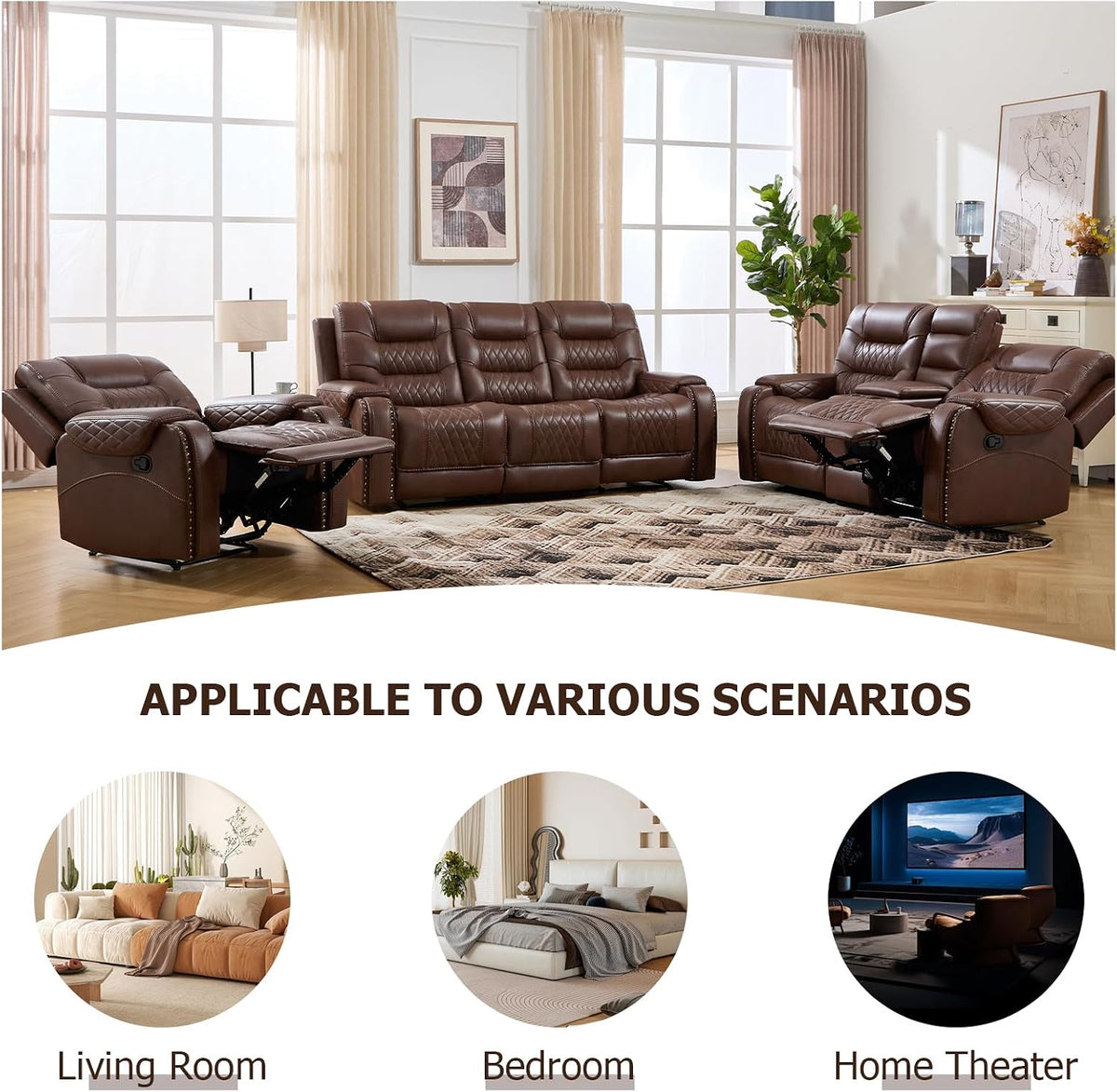 EBELLO 3PCS Faux Leather Recliner Sofa Furniture Set, Included Recliner Chair, Manual Loveseat and 3 Seat Reclining Sofa Couch, Vintage Rivet Mid-Century Modern Design for Living Room, Brown