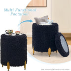 Round Storage Ottoman,Modern Foot Stool with Metal Legs,Vanity Stool with Soft Padded Seat,Side Table or Plant Stand for Hallway,Living Room (Black-Long Wool)