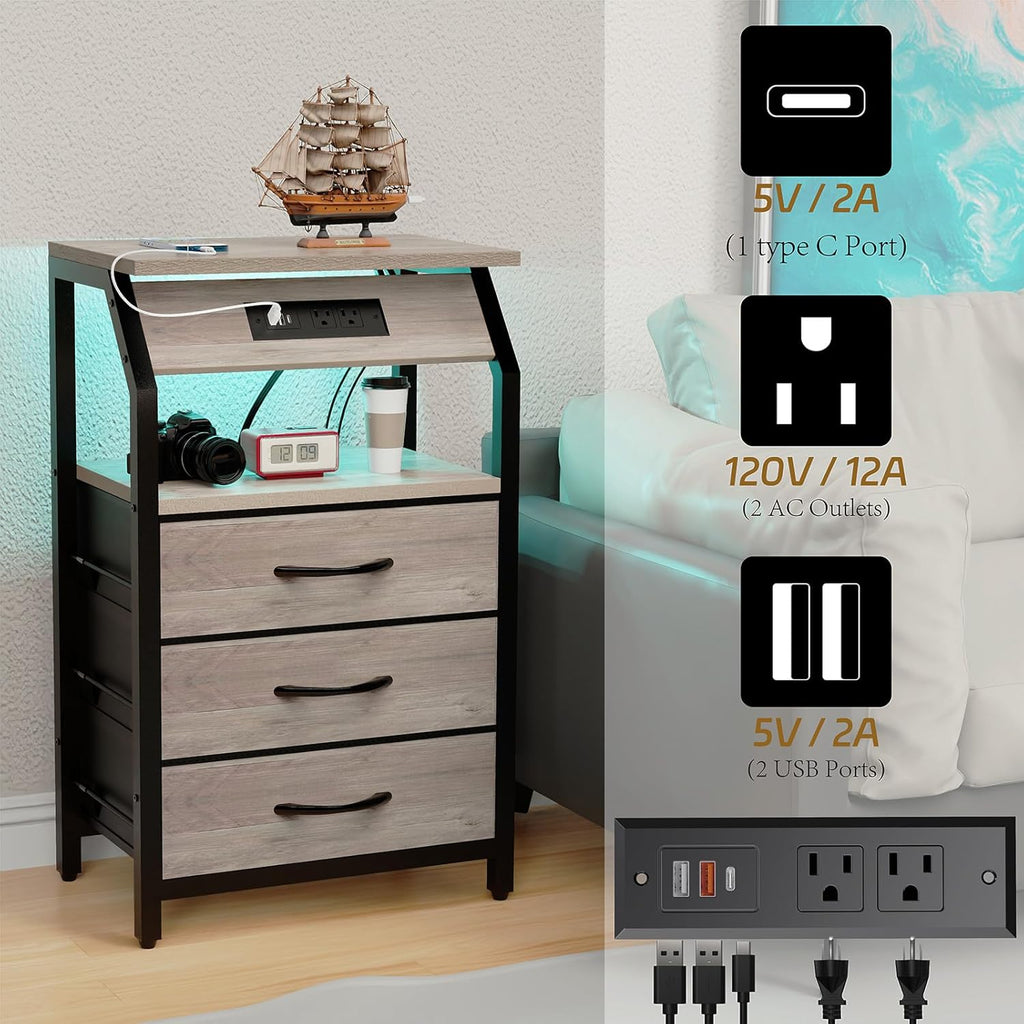 SZLHANJZ End Table with 3 Drawers, Night Stand with Charger Station and LED Lights, Small Nightstand with Fabric Storage, Farmhouse Side Table for Bedside, Living Room, Dorm, Greige