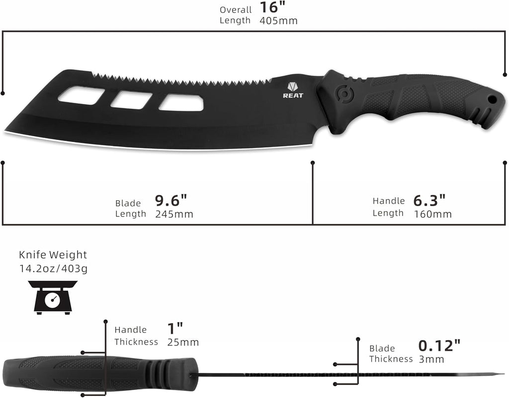 REAT Machete with Saw,16" Heavy Duty Machete with Sheath, Dual-Purpose Gardening Machete Knife for Chopping and Sawing,Ergonomic No-Slip Handle