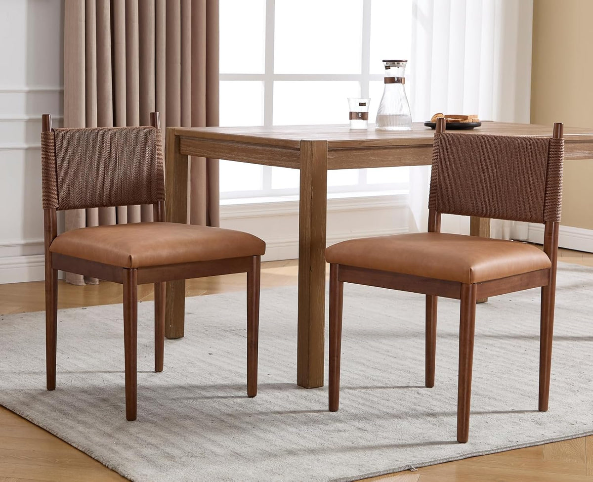 EALSON Rattan Dining Chairs Set of 2 Leather Upholstered Dining Room Chairs with Walnut Wooden Legs and Woven Back Mid Century Modern Kitchen Chairs Comfortable Armless Side Chairs for Kitchen, Brown