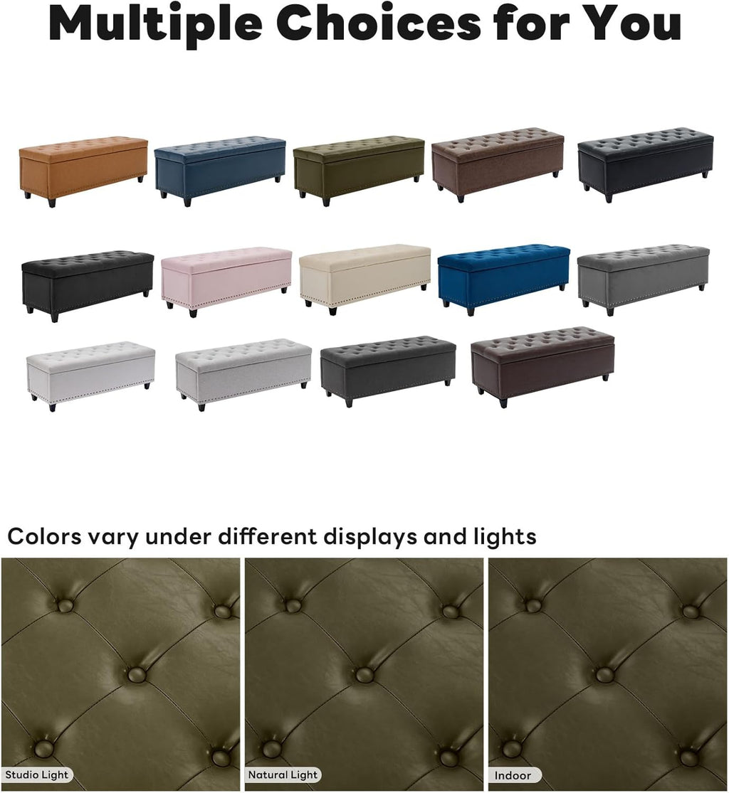 Tbfit 50.8" Large Storage Ottoman Bench with Button-Tufted Top, Blue PU Faux Leather End of Bed Chest with Safety Hinge and Rivets for Bedroom, Living Room (Green PU)