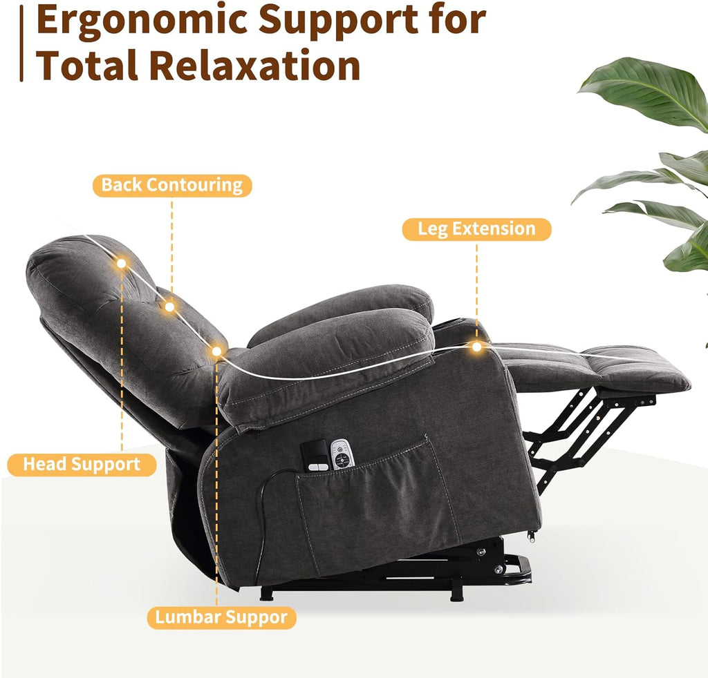 Power Lift Recliner Chair for Elderly with Massage and Heat, Comfortable Electric Power Reclining Chair with Side Pockets,2 Cup Holders and USB Charging Port for Living Room (Grey)