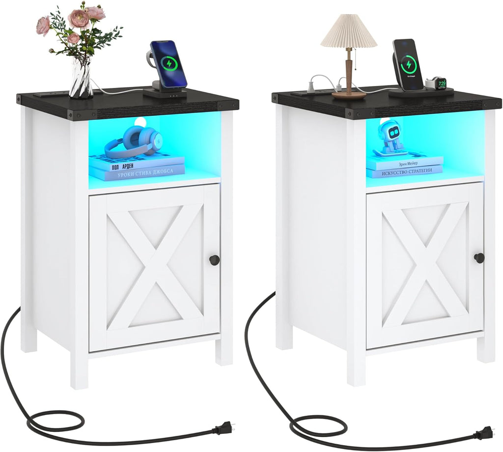 Hlivelood Farmhouse LED Nightstand Set of 2 with Charging Station, Rustic End Table with Barn Door & Storage Shelf, Bedside Table for Bedroom, Living Room, Black