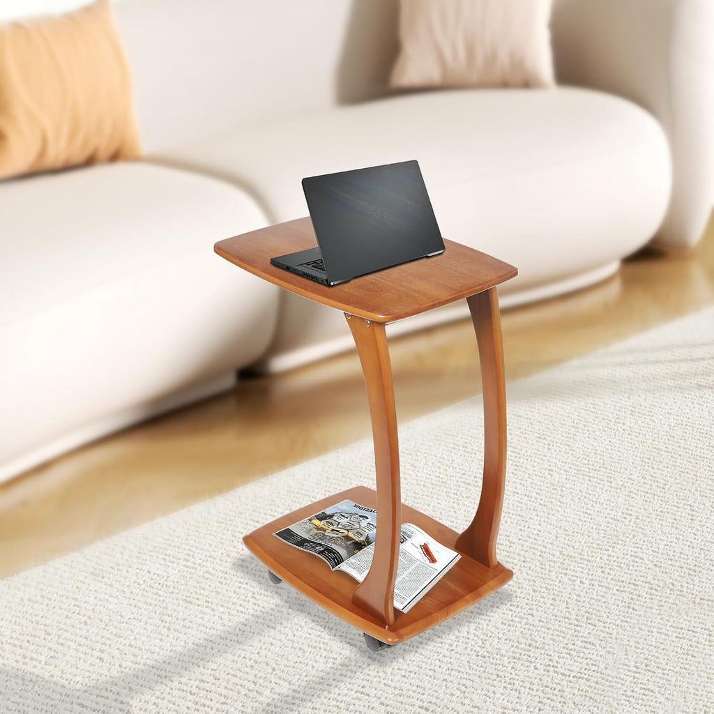 Solid Wood End Table with Rolling Wheels, C Shaped Side Table, TV Tray Table Small Accent Table, Couch Table That Slide Under for Small Space, Living Room, Bedroom or Office (Brown)