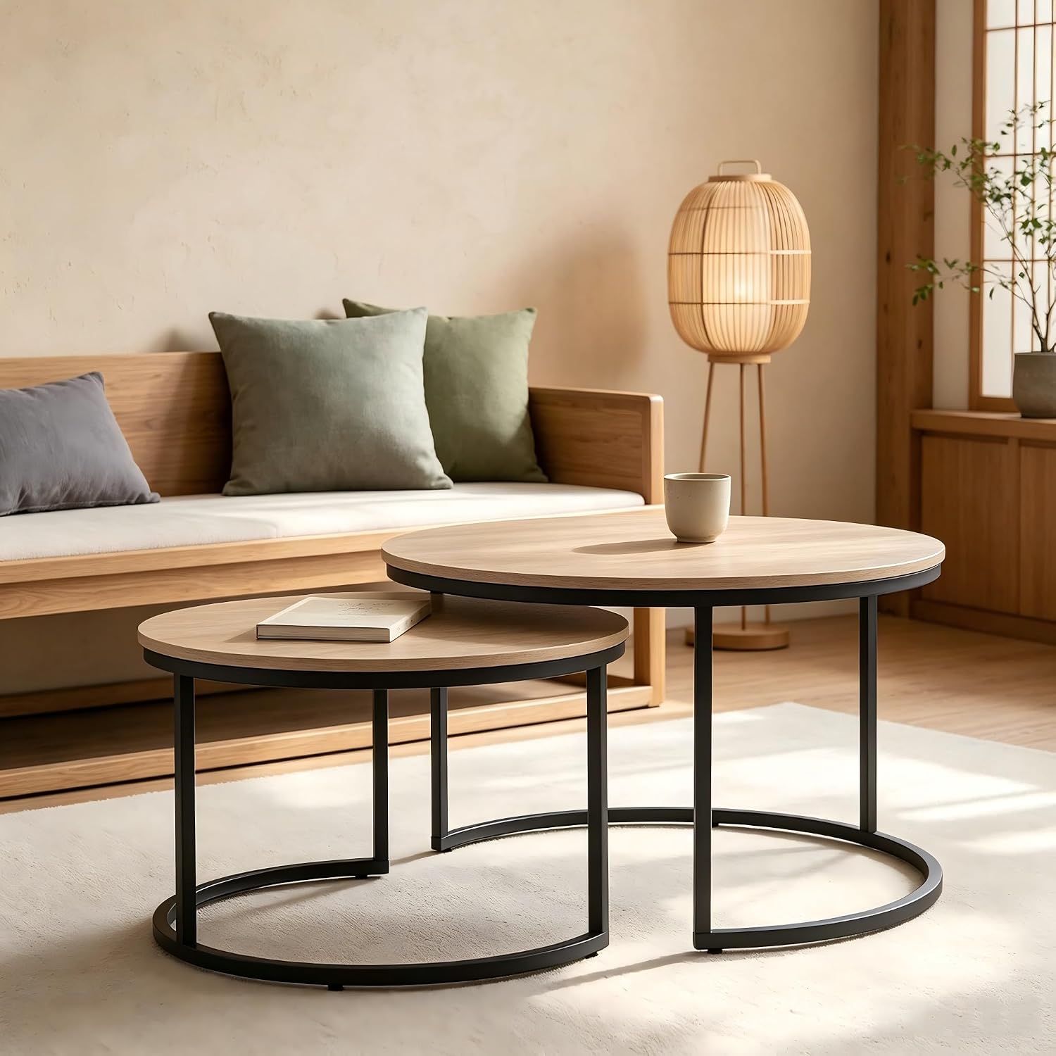 31.5 Inch Round Nesting Coffee Tables Set of 2, Oak‑Tone Stackable Side Tables with Sturdy Metal Legs, Space‑Saving Easy‑Assembly Accent Tables for Living Room