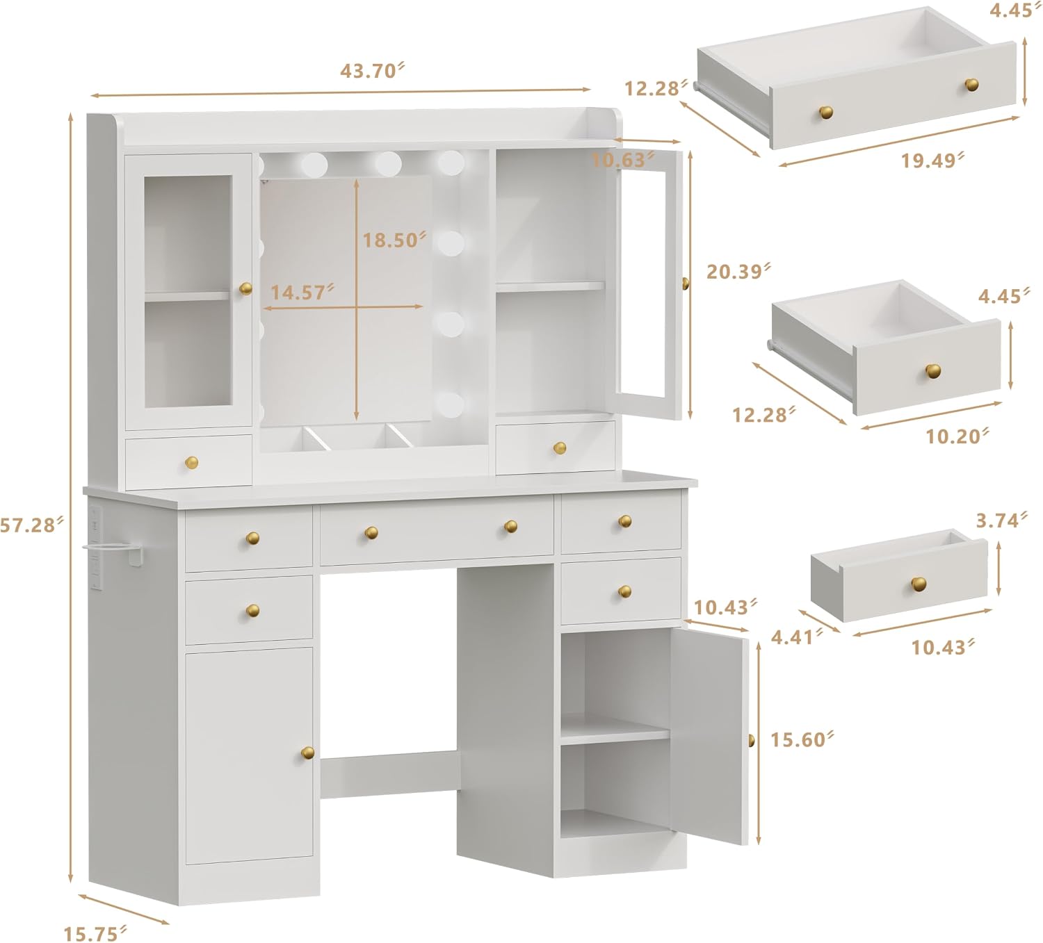 HUANLEGO White Vanity Desk with Mirror and Lights for Girls Women