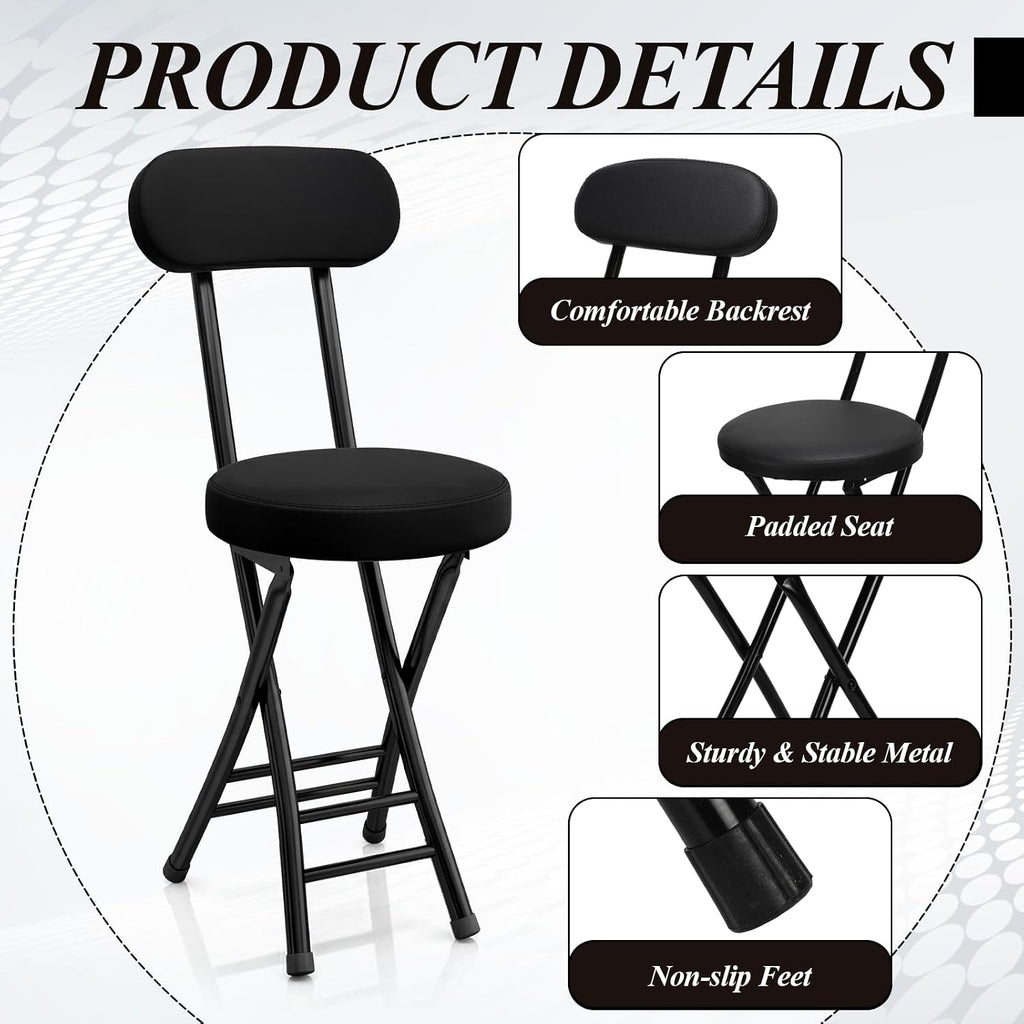 4 Pack Folding Bar Stool Cushioned Padded Folding Stool, 19 Inch Height Bar Stools with Backrest, Faux Leather Seat, Black Foldable Chair Support 220 LBS for Kitchen Room Hiking Camping Fish