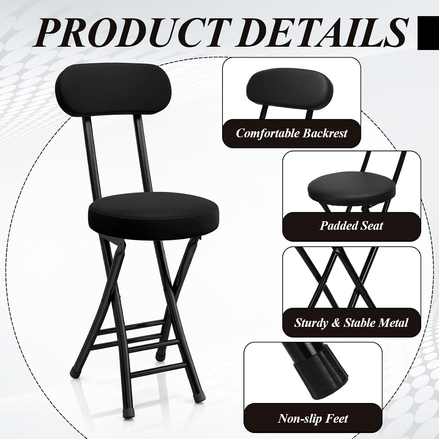 4 Pack Folding Bar Stool Cushioned Padded Folding Stool, 19 Inch Height Bar Stools with Backrest, Faux Leather Seat, Black Foldable Chair Support 220 LBS for Kitchen Room Hiking Camping Fish