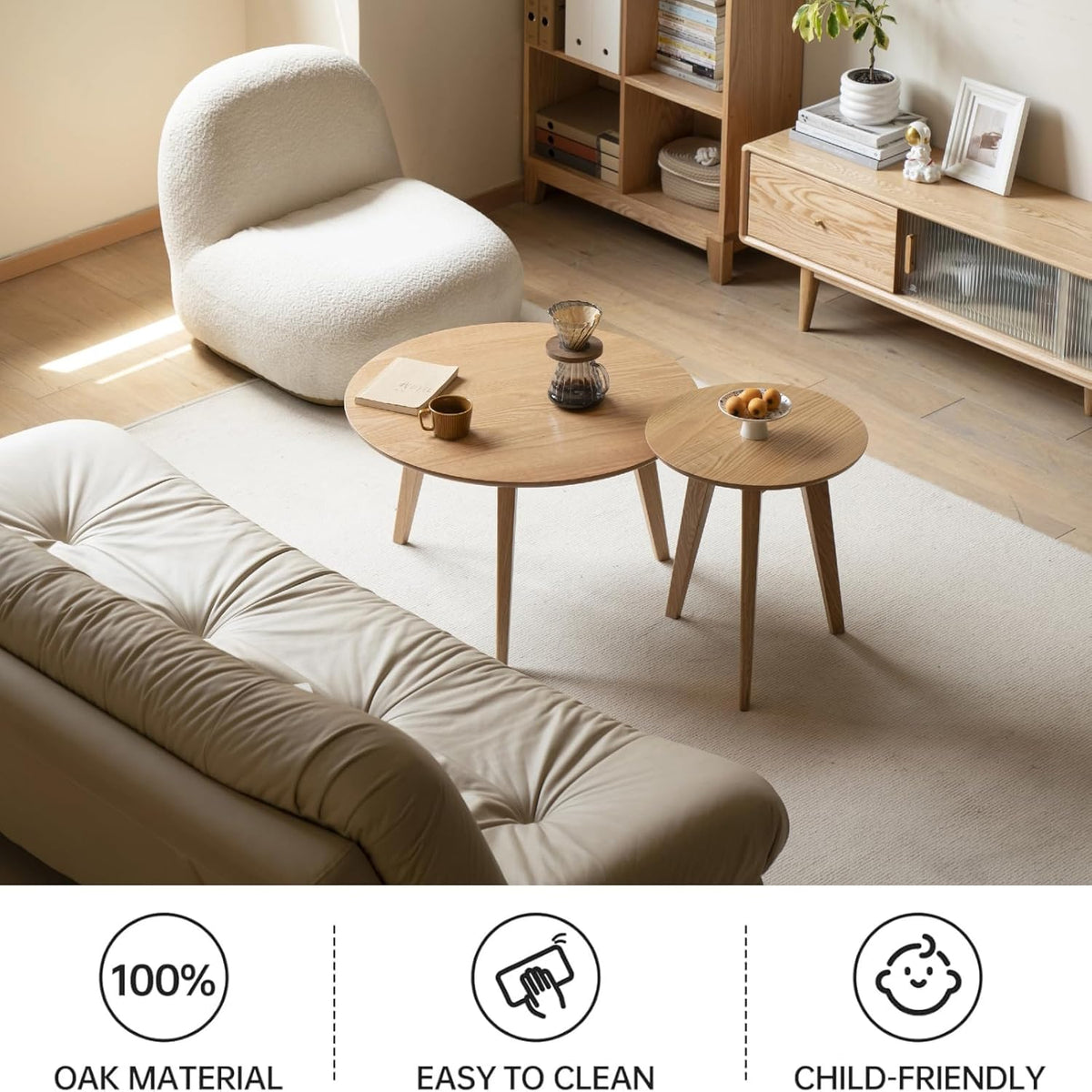 100% Solid Oak Wood Mini Coffee Table, Round Cofffe Tables Side Table w/Solid Wood Legs, Walnut Mid Century Table for Bedroom Balcony Living Room (23.62" D x 13.78" H)