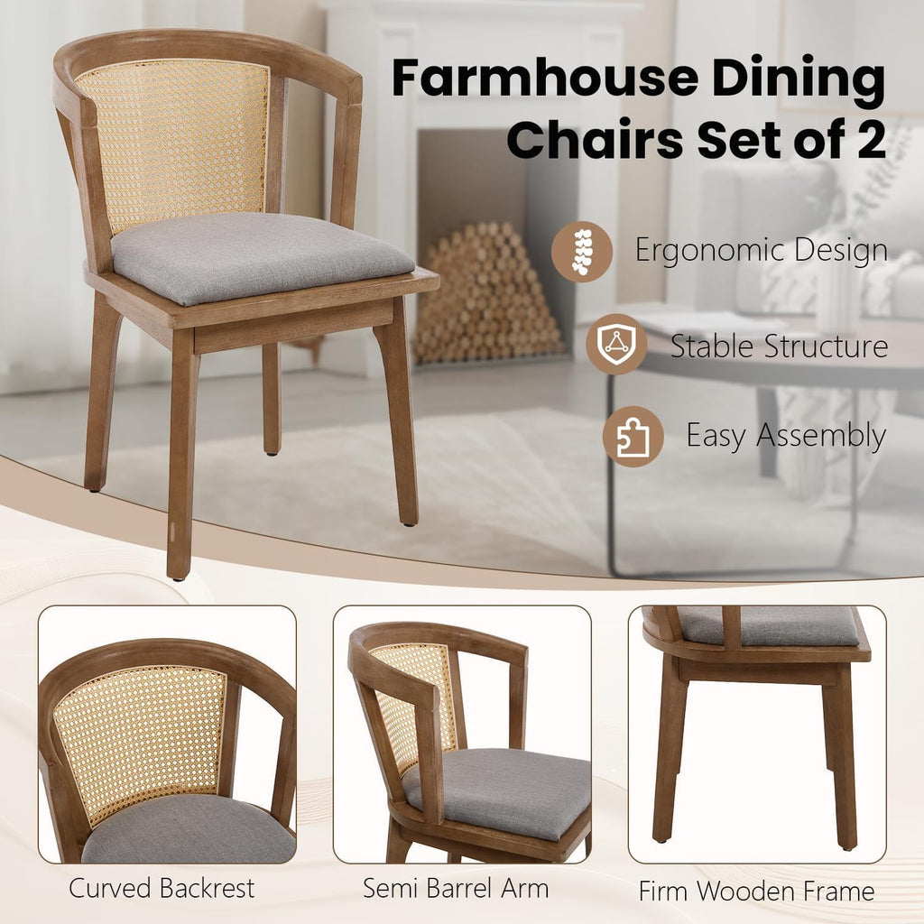 Kmax Modern Rattan Dining Chair Set of 4 Farmhouse Semi Barrel Dining Room Chair Wooden Upholstered Chair Oak Finish for Living Room Kitchen, Walnut/Grey Seat