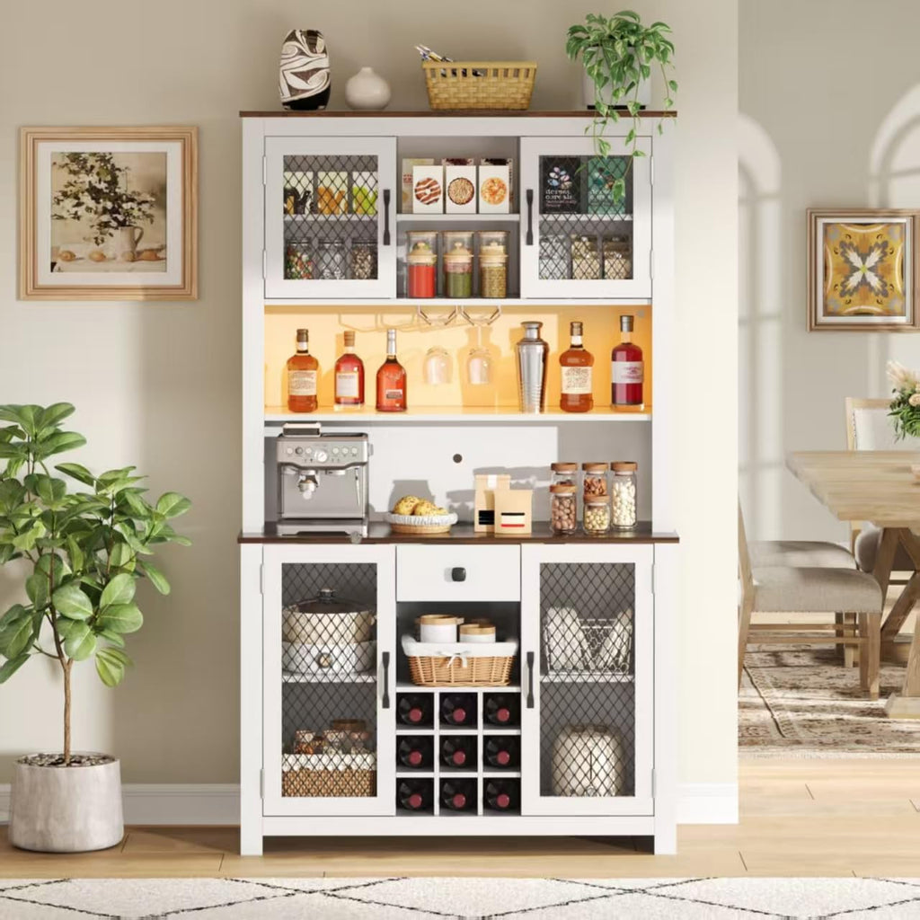 70.9" Kitchen Pantry Storage Cabinet, Rustic Bufft Cabinet with Doors and LED Outlets, Wooden Kitchen Hutch Cabinet with Shelves for Dining Room, White
