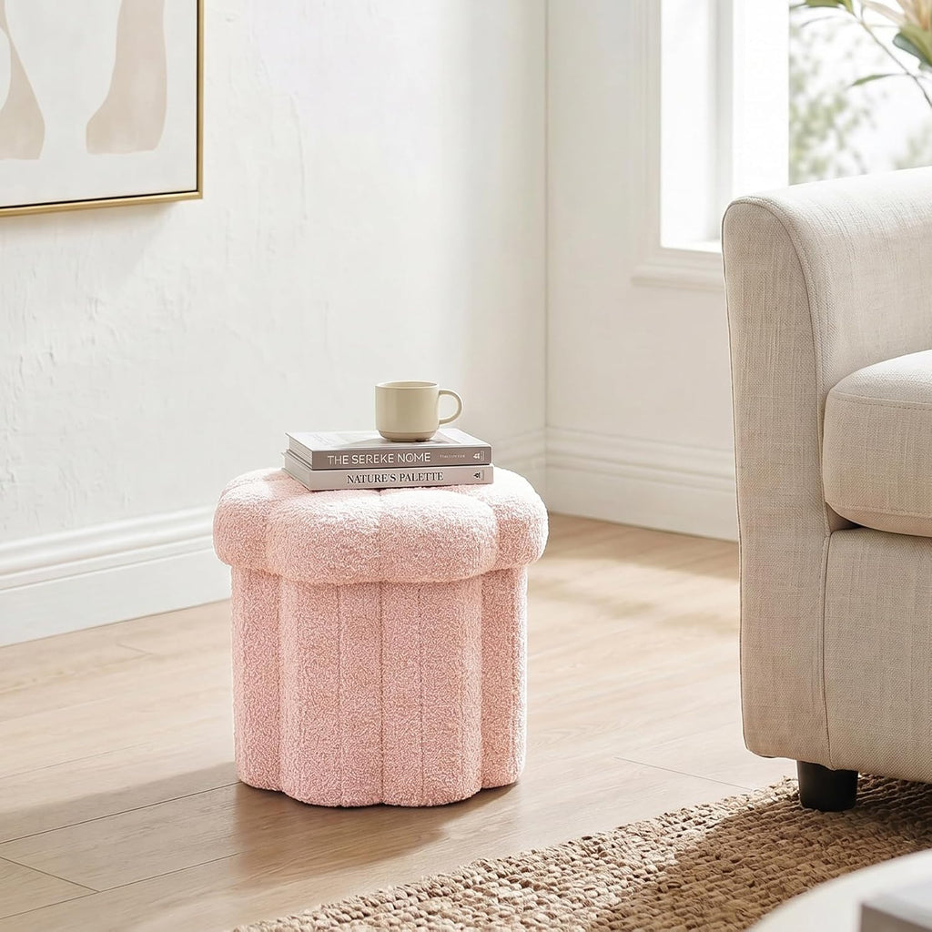Flower Boucle Storage Ottoman, 12.6" Small Footstool with Padded Seat, Folding Sherpa Foot Rest for Sofa, Floral Accent Side Table for Living Room, Bedroom, Dorm, Pink