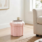 Flower Boucle Storage Ottoman, 12.6" Small Footstool with Padded Seat, Folding Sherpa Foot Rest for Sofa, Floral Accent Side Table for Living Room, Bedroom, Dorm, Pink