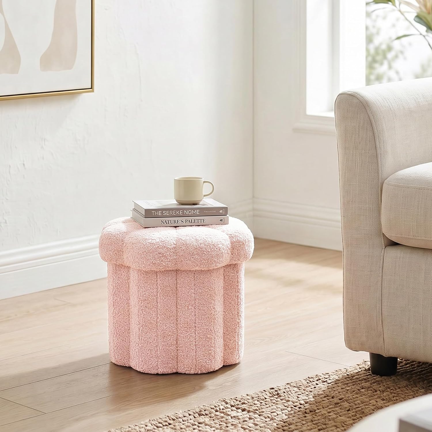 Flower Boucle Storage Ottoman, 12.6" Small Footstool with Padded Seat, Folding Sherpa Foot Rest for Sofa, Floral Accent Side Table for Living Room, Bedroom, Dorm, Pink