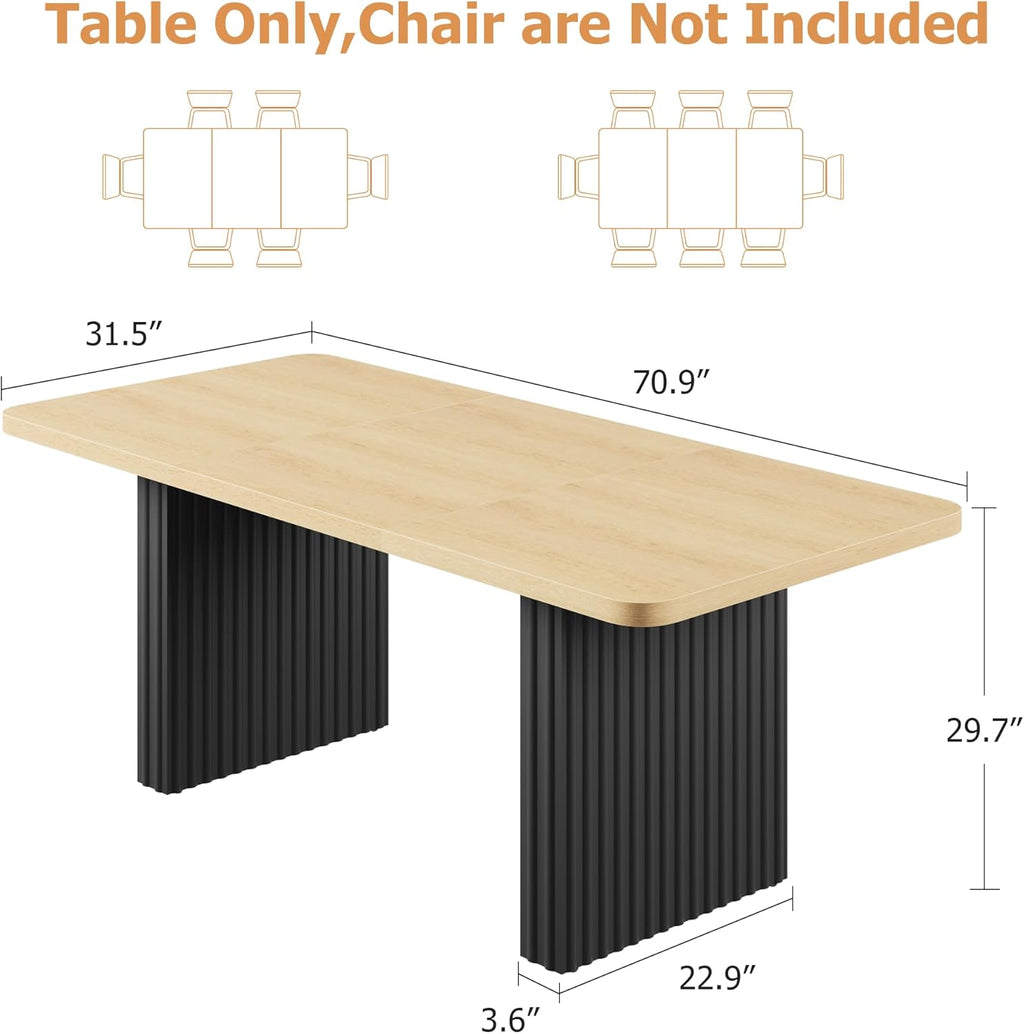 Garvee Modern Dining Table for 6-8, 71" Rectangular Farmhouse Kitchen Table with 3.6"×22.9" Black Fluted Wave Metal Legs & Wooden Top, Large Dining Table for Home Office, Dining, Natural