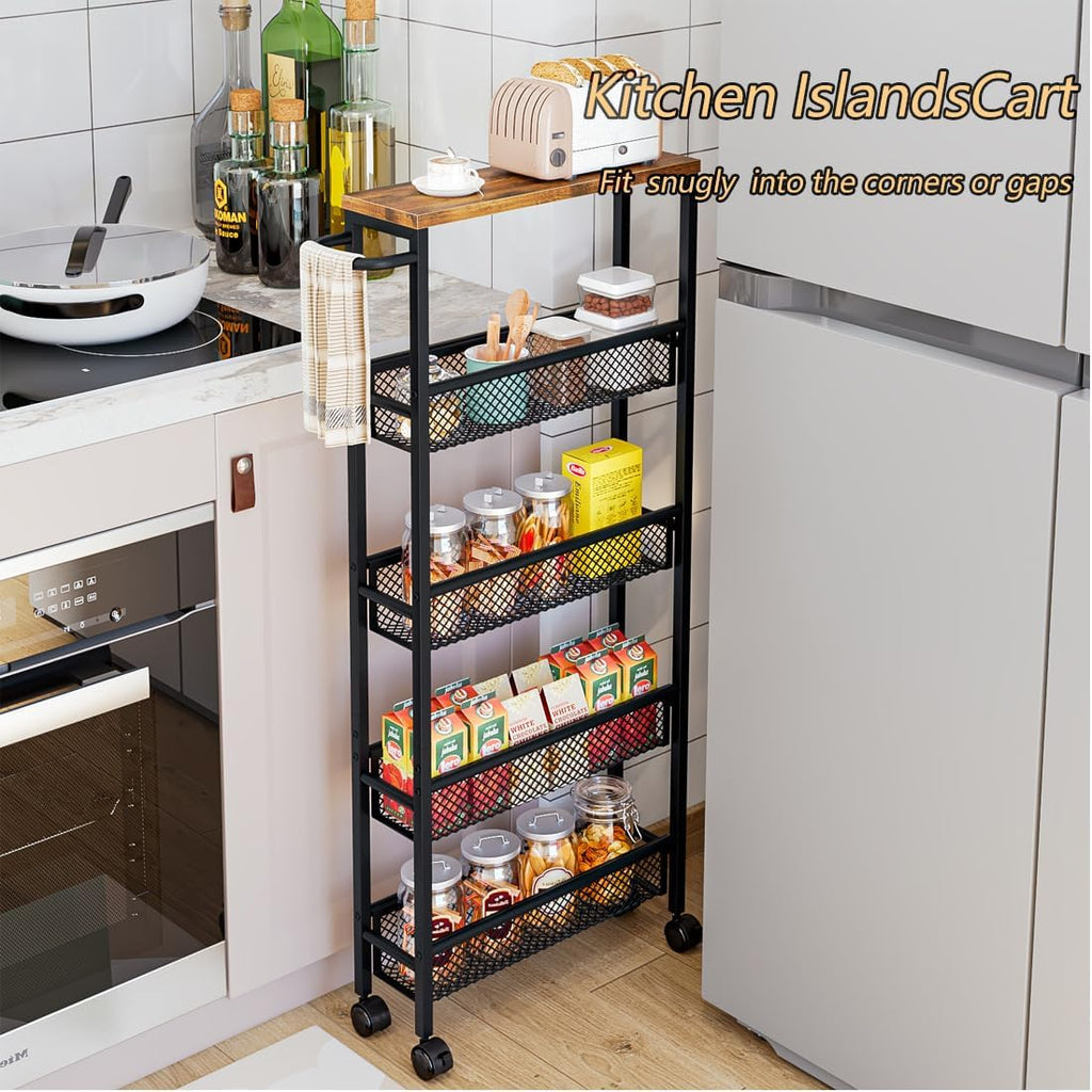 AZERPIAN Slim Rolling Cart 5 Tier Narrow Storage Cart on Wheels with Handle | Lockable Wheels, Wood Top Panel, Metal Frame Utility Carts for Kitchen, Dining, Living, Home Office, Laundry Room